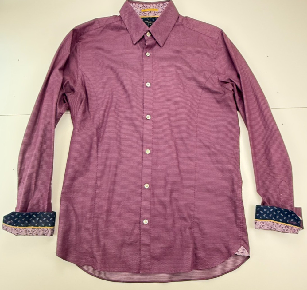 Ted Baker London Shirt Mens 3 M Purple Paisley Contrast Cuff Cotton Long Sleeve